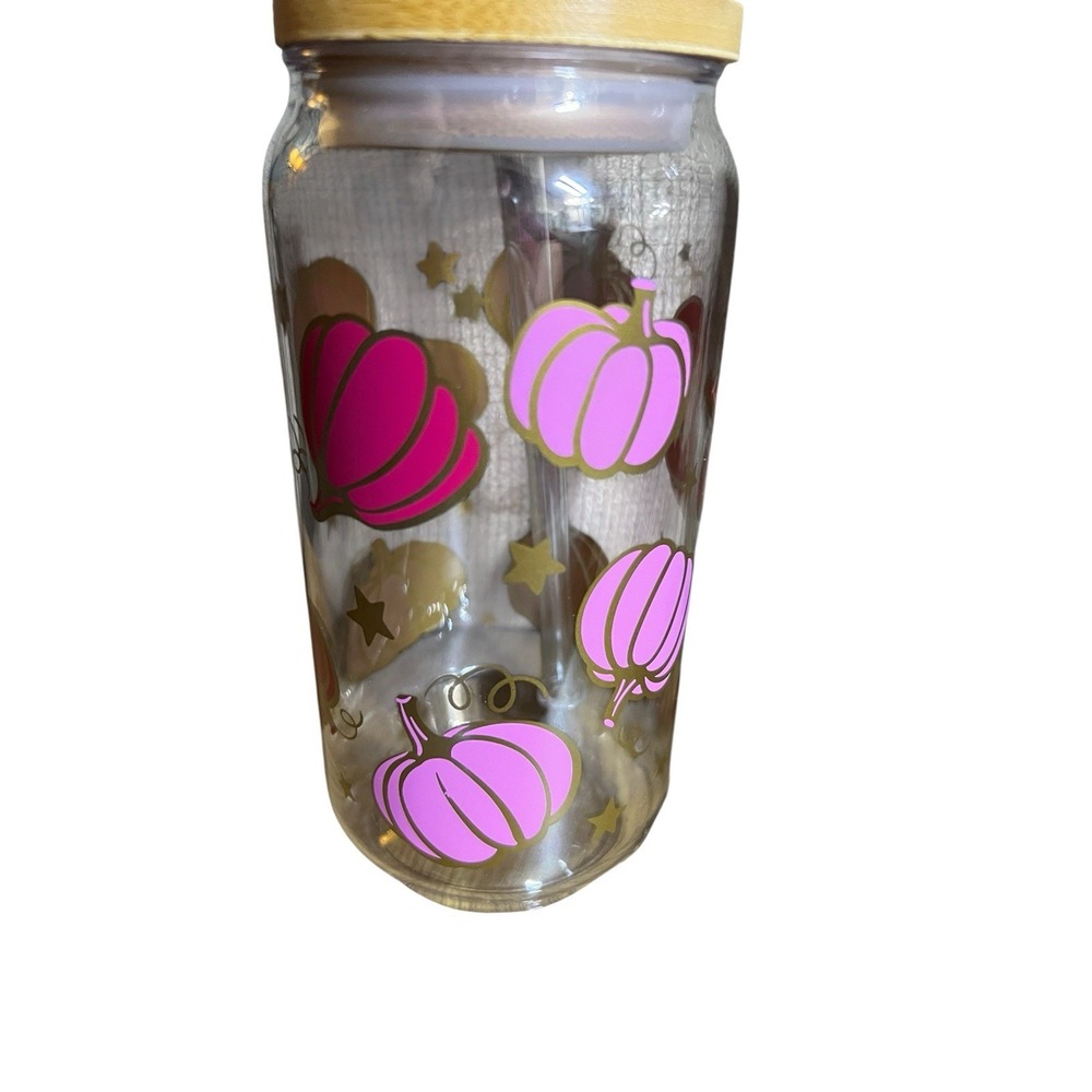 Pink Pumpkin Glass‎ Can Tumbler Set w/ Lid & Straw – 16oz Fall Halloween Cups - Picture 4 of 7